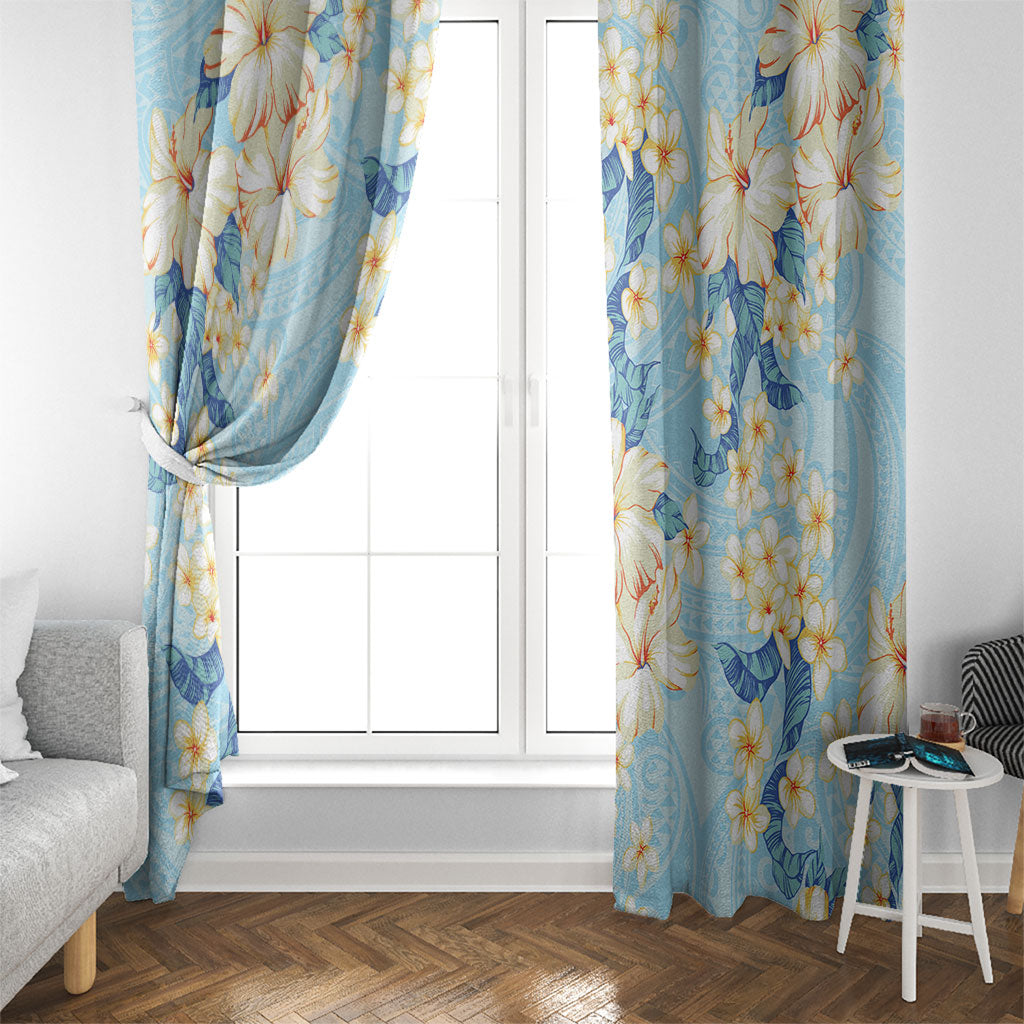 Hawaii Hibiscus Plumeria Blue Window Curtain Polynesian Pattern