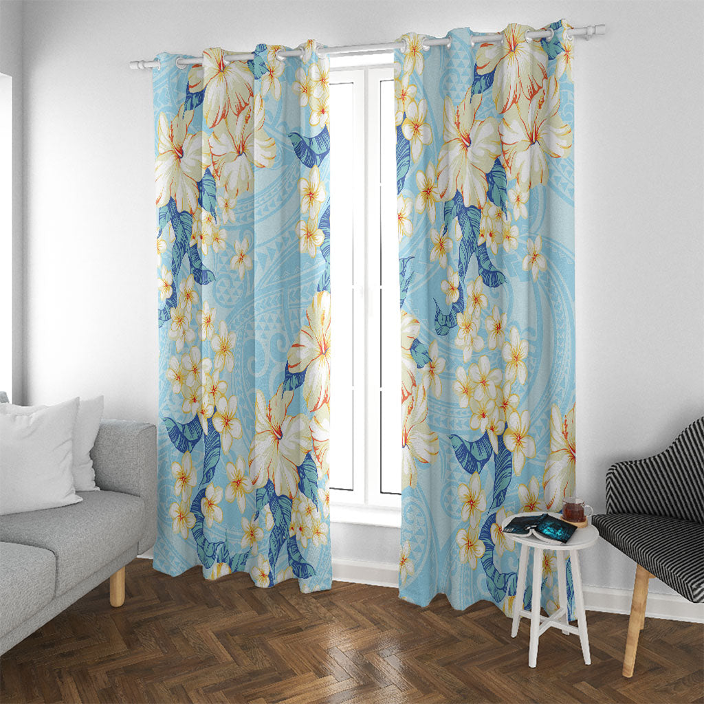 Hawaii Hibiscus Plumeria Blue Window Curtain Polynesian Pattern