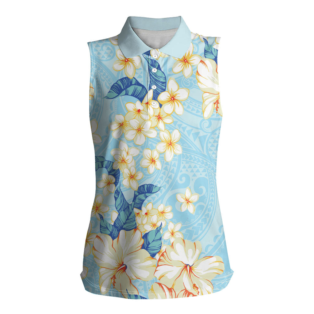 Hawaii Hibiscus Plumeria Blue Women Sleeveless Polo Shirt Polynesian Pattern