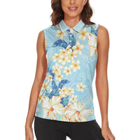Hawaii Hibiscus Plumeria Blue Women Sleeveless Polo Shirt Polynesian Pattern