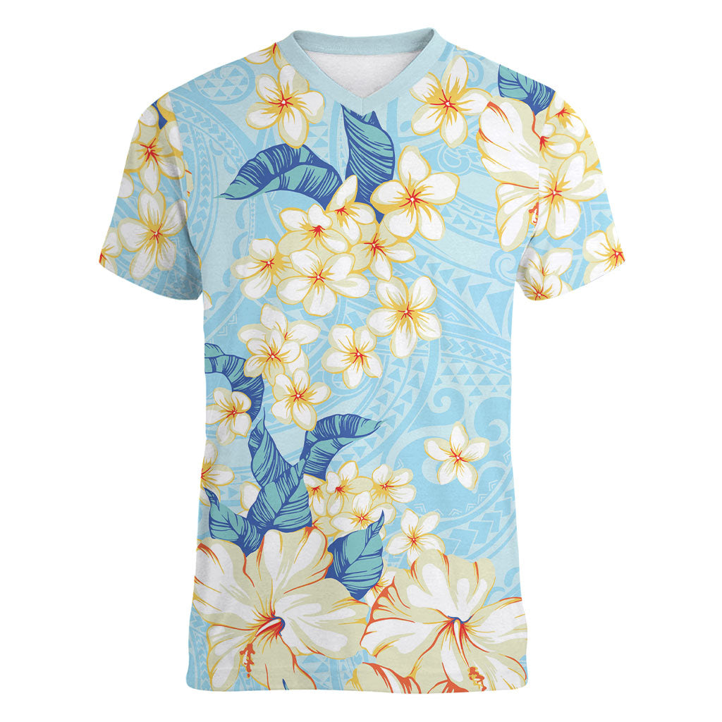 Hawaii Hibiscus Plumeria Blue Women V-Neck T-Shirt Polynesian Pattern LT01 Female Blue - Polynesian Pride