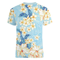 Hawaii Hibiscus Plumeria Blue Women V-Neck T-Shirt Polynesian Pattern LT01 - Polynesian Pride