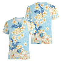 Hawaii Hibiscus Plumeria Blue Women V-Neck T-Shirt Polynesian Pattern LT01 - Polynesian Pride