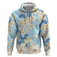 Hawaii Hibiscus Plumeria Blue Zip Hoodie Polynesian Pattern