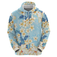 Hawaii Hibiscus Plumeria Blue Zip Hoodie Polynesian Pattern
