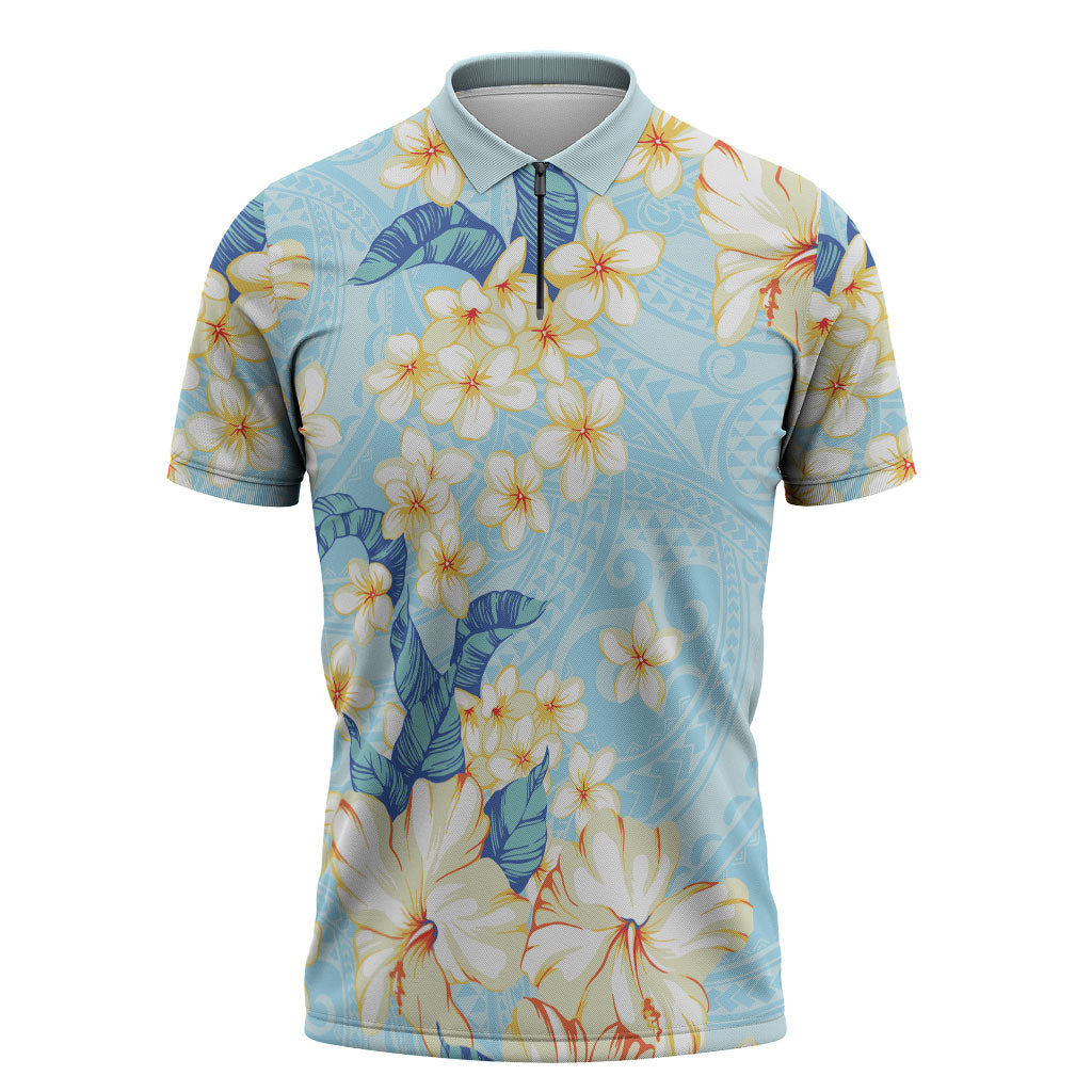 Hawaii Hibiscus Plumeria Blue Zipper Polo Shirt Polynesian Pattern