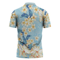 Hawaii Hibiscus Plumeria Blue Zipper Polo Shirt Polynesian Pattern