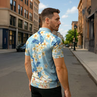 Hawaii Hibiscus Plumeria Blue Zipper Polo Shirt Polynesian Pattern