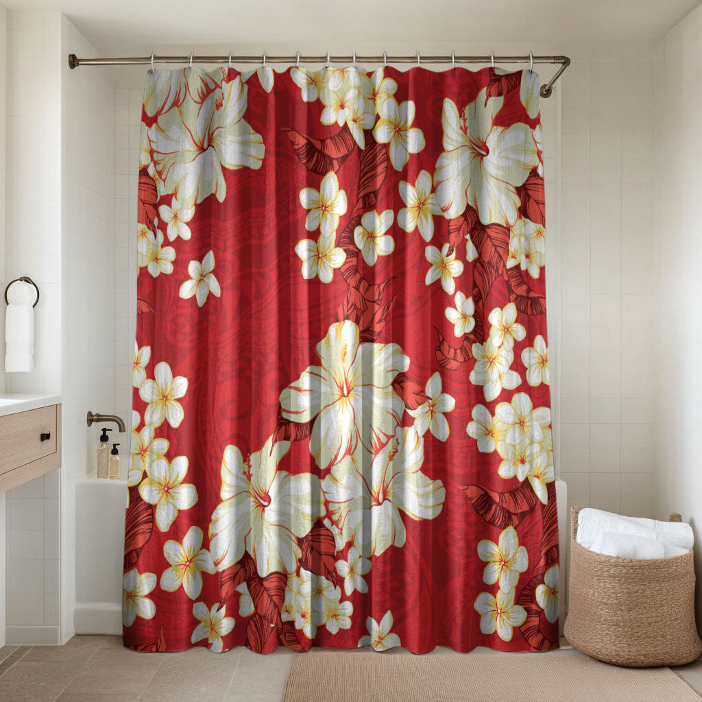 Hawaii Hibiscus Plumeria Red Bathroom Set Polynesian Pattern