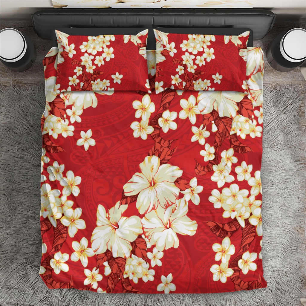 Hawaii Hibiscus Plumeria Red Bedding Set Polynesian Pattern