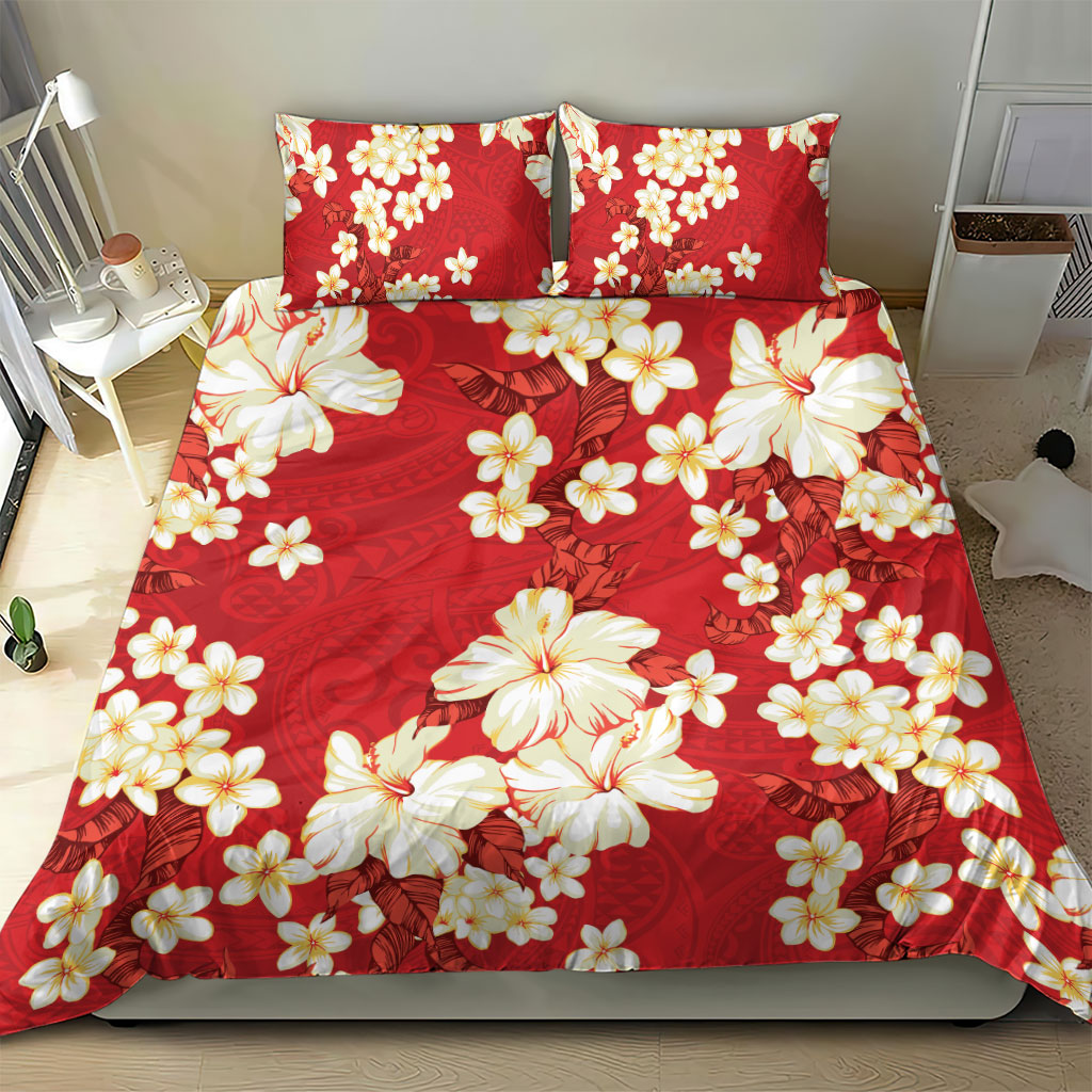 Hawaii Hibiscus Plumeria Red Bedding Set Polynesian Pattern