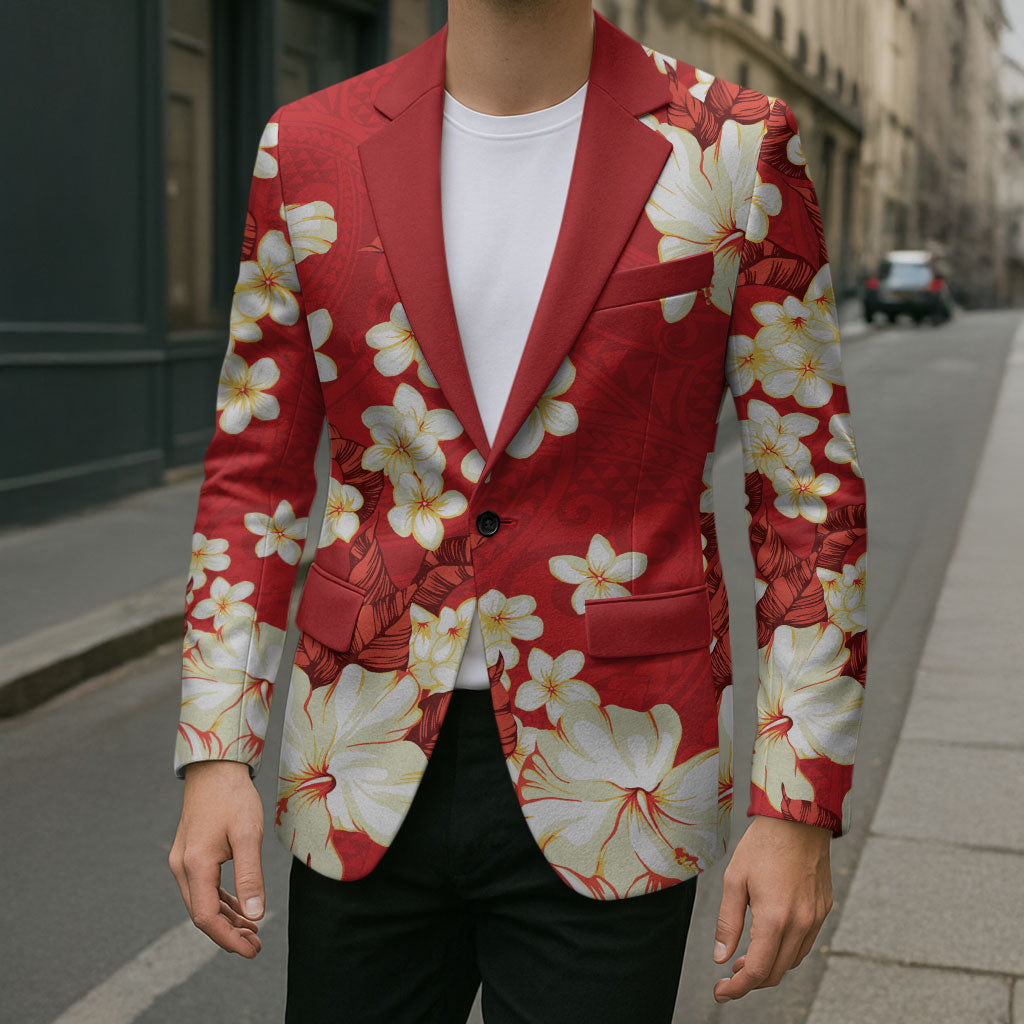 Hawaii Hibiscus Plumeria Red Blazer Polynesian Pattern