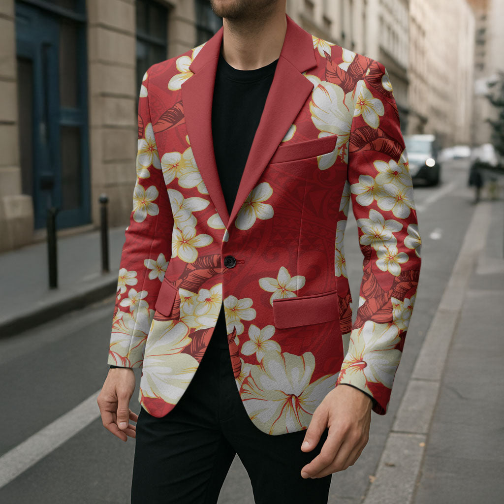 Hawaii Hibiscus Plumeria Red Blazer Polynesian Pattern