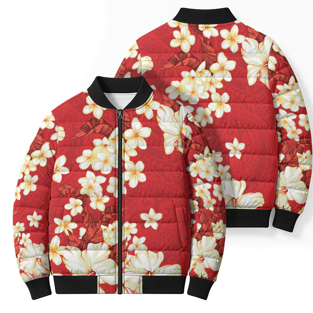 Hawaii Hibiscus Plumeria Red Bomber Puffer Jacket Polynesian Pattern