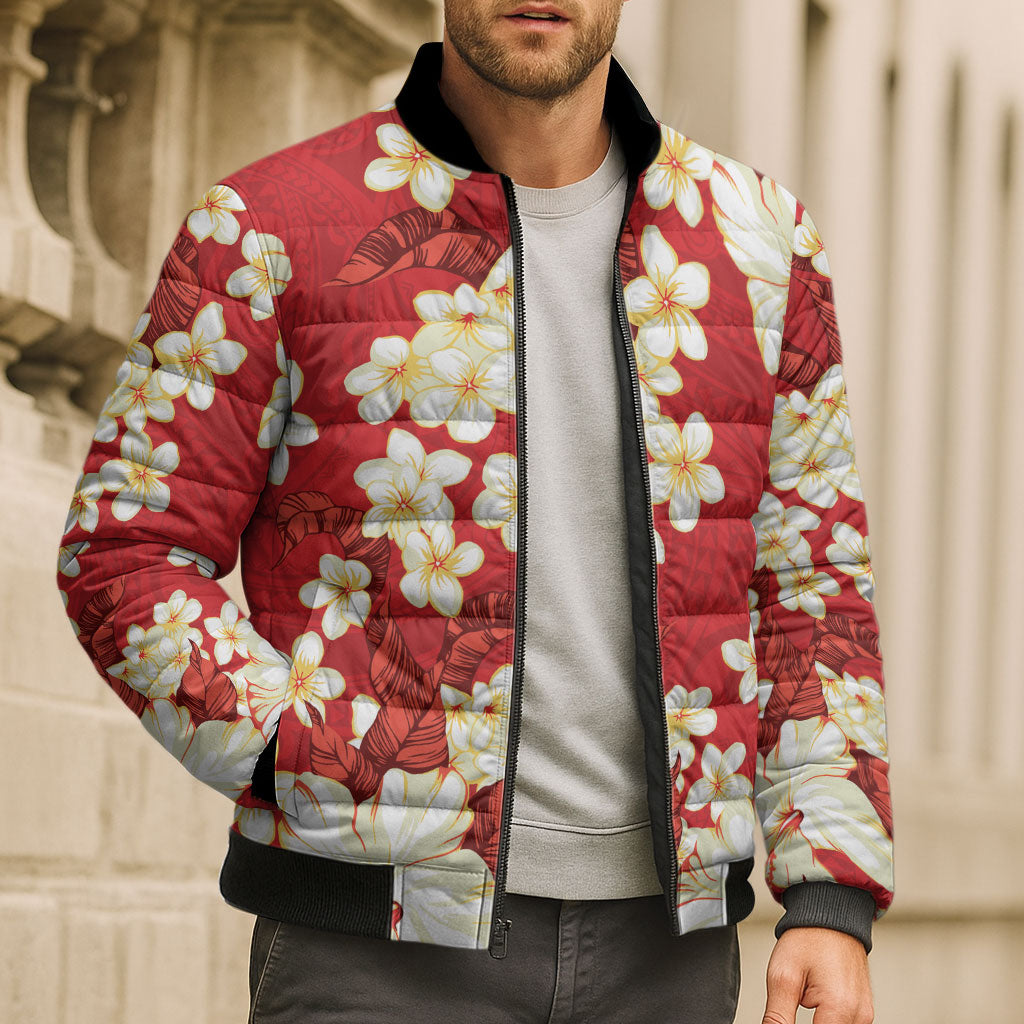 Hawaii Hibiscus Plumeria Red Bomber Puffer Jacket Polynesian Pattern