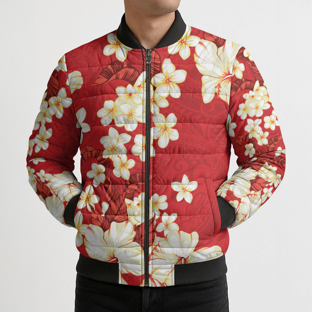 Hawaii Hibiscus Plumeria Red Bomber Puffer Jacket Polynesian Pattern