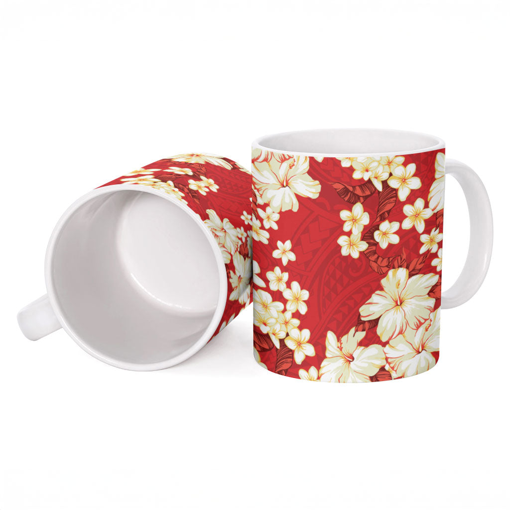 Hawaii Hibiscus Plumeria Red Ceramic Mug Polynesian Pattern