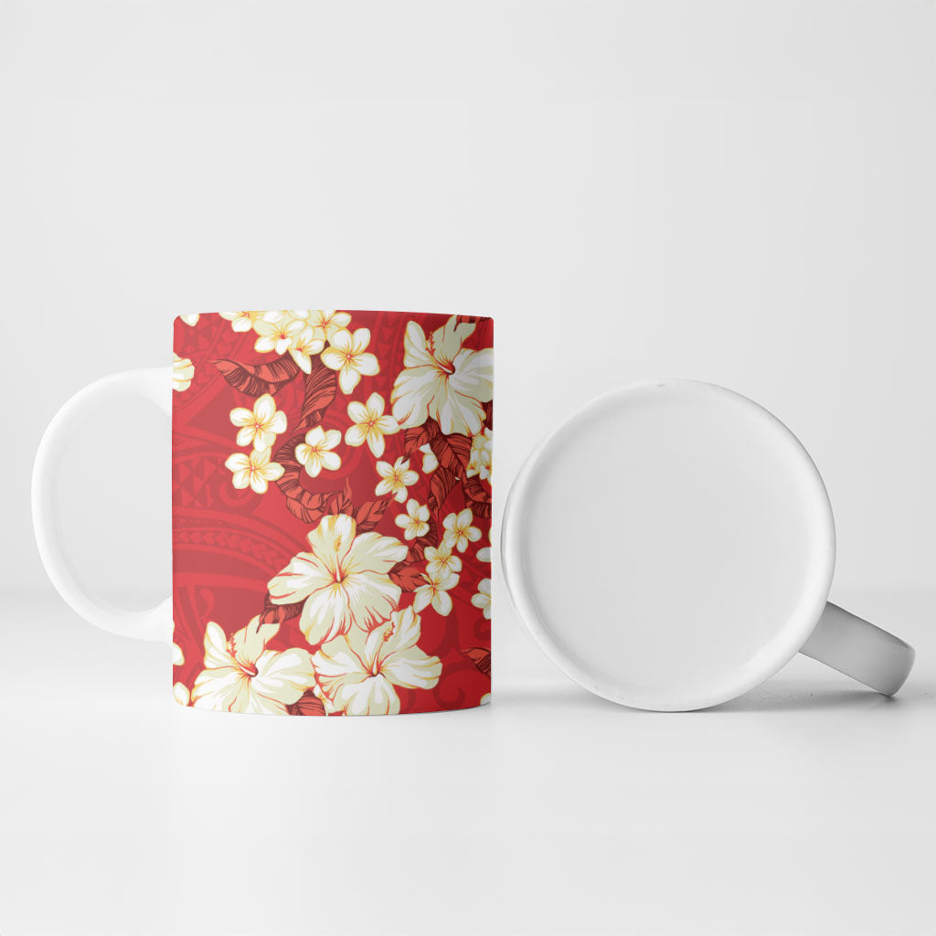 Hawaii Hibiscus Plumeria Red Ceramic Mug Polynesian Pattern