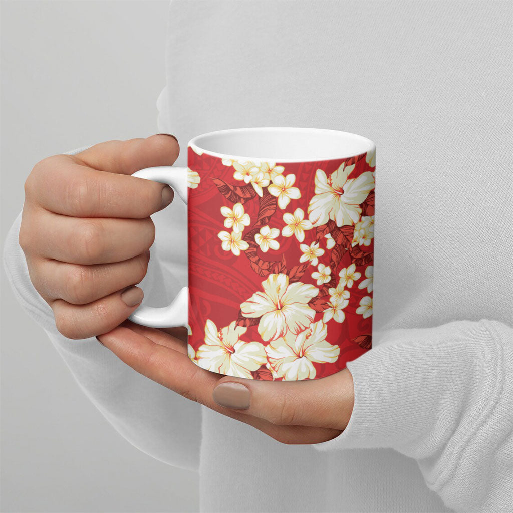 Hawaii Hibiscus Plumeria Red Ceramic Mug Polynesian Pattern