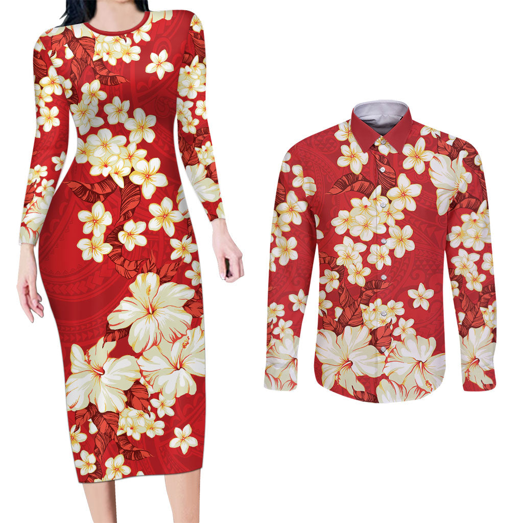 Hawaii Hibiscus Plumeria Red Couples Matching Long Sleeve Bodycon Dress and Long Sleeve Button Shirt Polynesian Pattern LT01 Red - Polynesian Pride