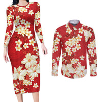 Hawaii Hibiscus Plumeria Red Couples Matching Long Sleeve Bodycon Dress and Long Sleeve Button Shirt Polynesian Pattern LT01 Red - Polynesian Pride
