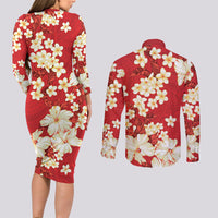 Hawaii Hibiscus Plumeria Red Couples Matching Long Sleeve Bodycon Dress and Long Sleeve Button Shirt Polynesian Pattern LT01 - Polynesian Pride