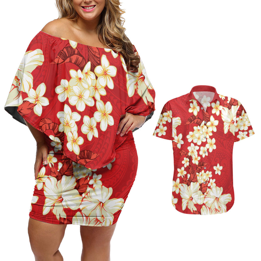 Hawaii Hibiscus Plumeria Red Couples Matching Off Shoulder Short Dress and Hawaiian Shirt Polynesian Pattern