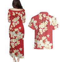 Hawaii Hibiscus Plumeria Red Couples Matching Puletasi and Hawaiian Shirt Polynesian Pattern