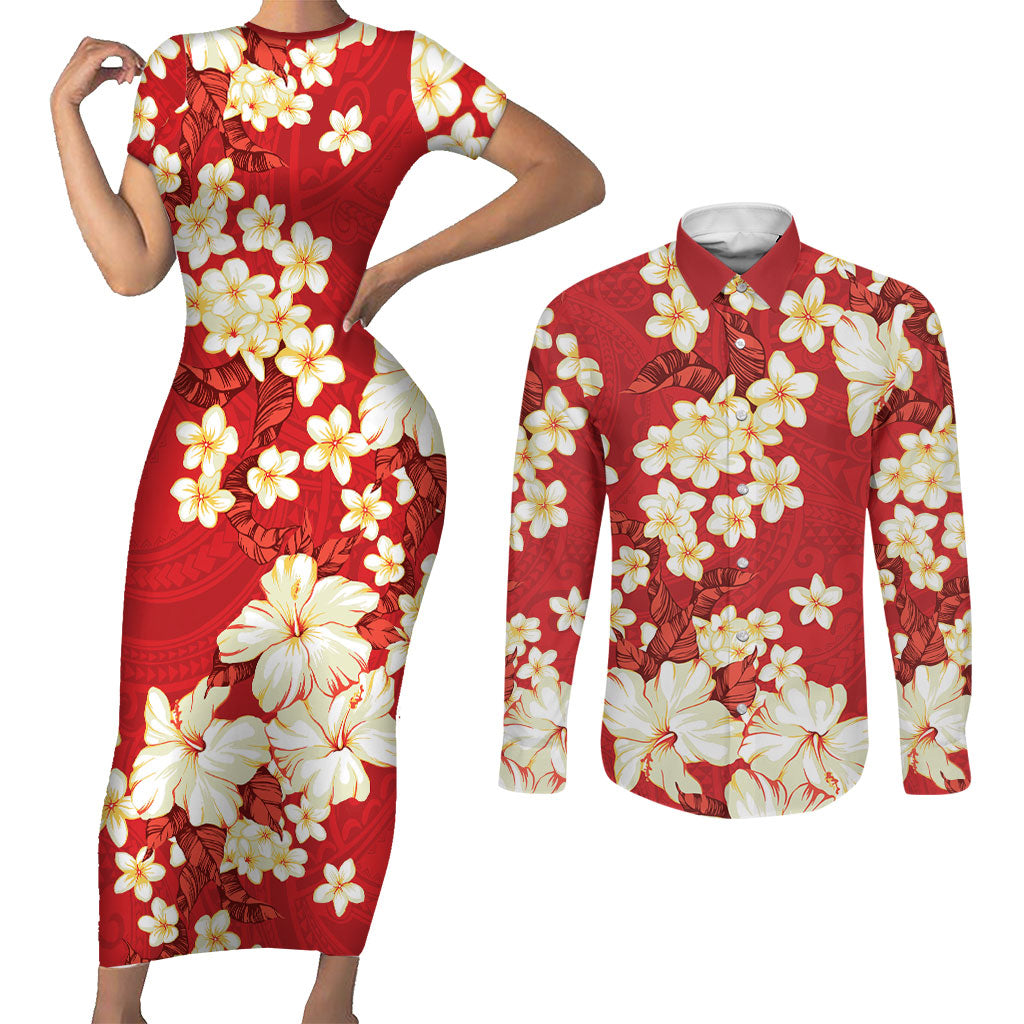 Hawaii Hibiscus Plumeria Red Couples Matching Short Sleeve Bodycon Dress and Long Sleeve Button Shirt Polynesian Pattern LT01 Red - Polynesian Pride