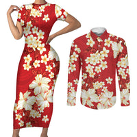 Hawaii Hibiscus Plumeria Red Couples Matching Short Sleeve Bodycon Dress and Long Sleeve Button Shirt Polynesian Pattern LT01 Red - Polynesian Pride