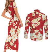 Hawaii Hibiscus Plumeria Red Couples Matching Short Sleeve Bodycon Dress and Long Sleeve Button Shirt Polynesian Pattern LT01 - Polynesian Pride