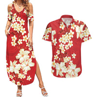 Hawaii Hibiscus Plumeria Red Couples Matching Summer Maxi Dress and Hawaiian Shirt Polynesian Pattern