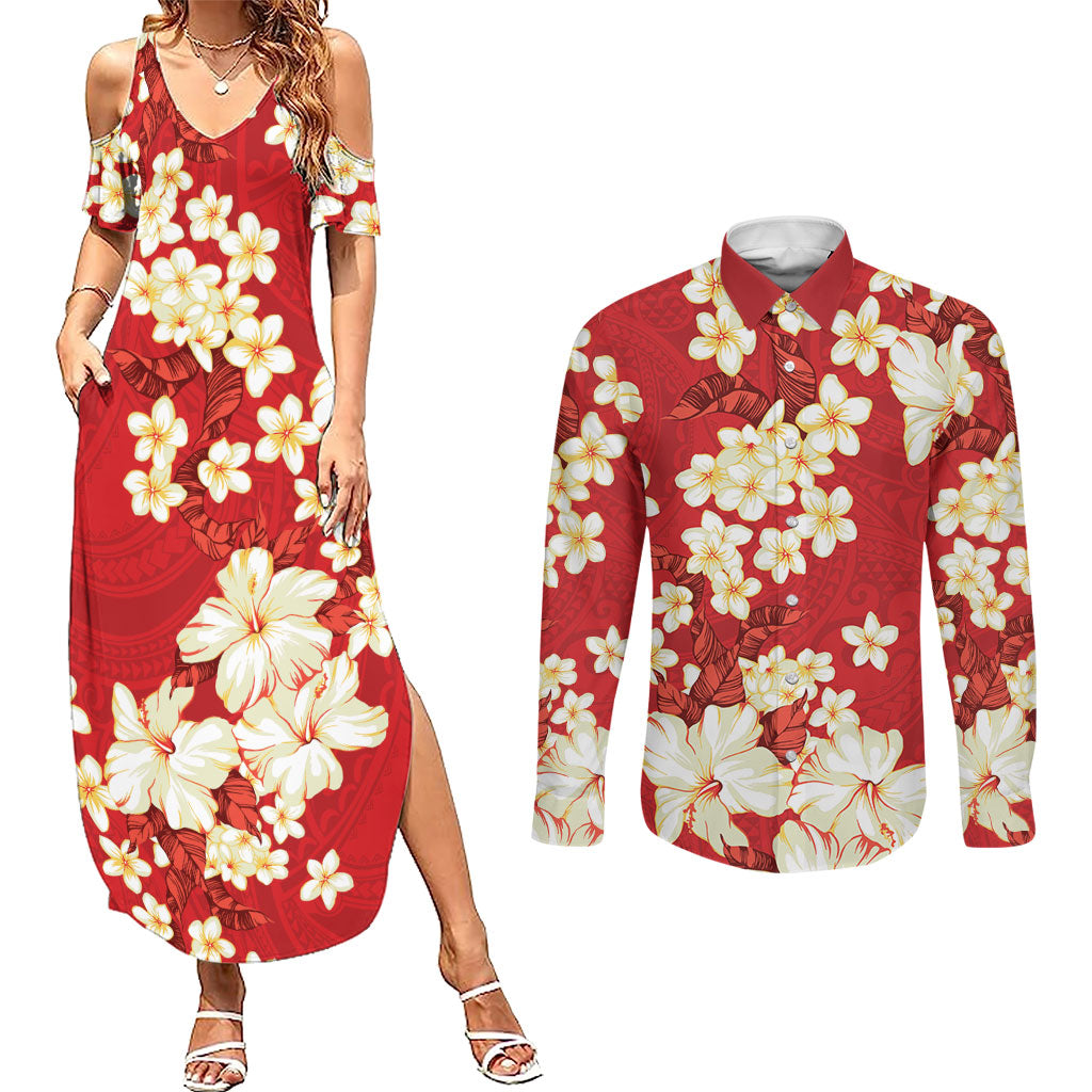 Hawaii Hibiscus Plumeria Red Couples Matching Summer Maxi Dress and Long Sleeve Button Shirt Polynesian Pattern
