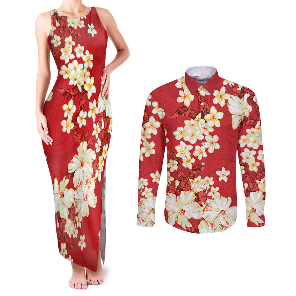 Hawaii Hibiscus Plumeria Red Couples Matching Tank Maxi Dress and Long Sleeve Button Shirt Polynesian Pattern