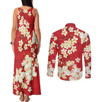 Hawaii Hibiscus Plumeria Red Couples Matching Tank Maxi Dress and Long Sleeve Button Shirt Polynesian Pattern