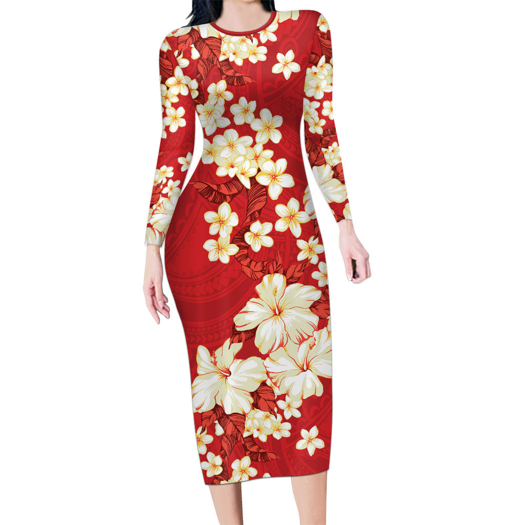 Hawaii Hibiscus Plumeria Red Family Matching Long Sleeve Bodycon Dress and Hawaiian Shirt Polynesian Pattern