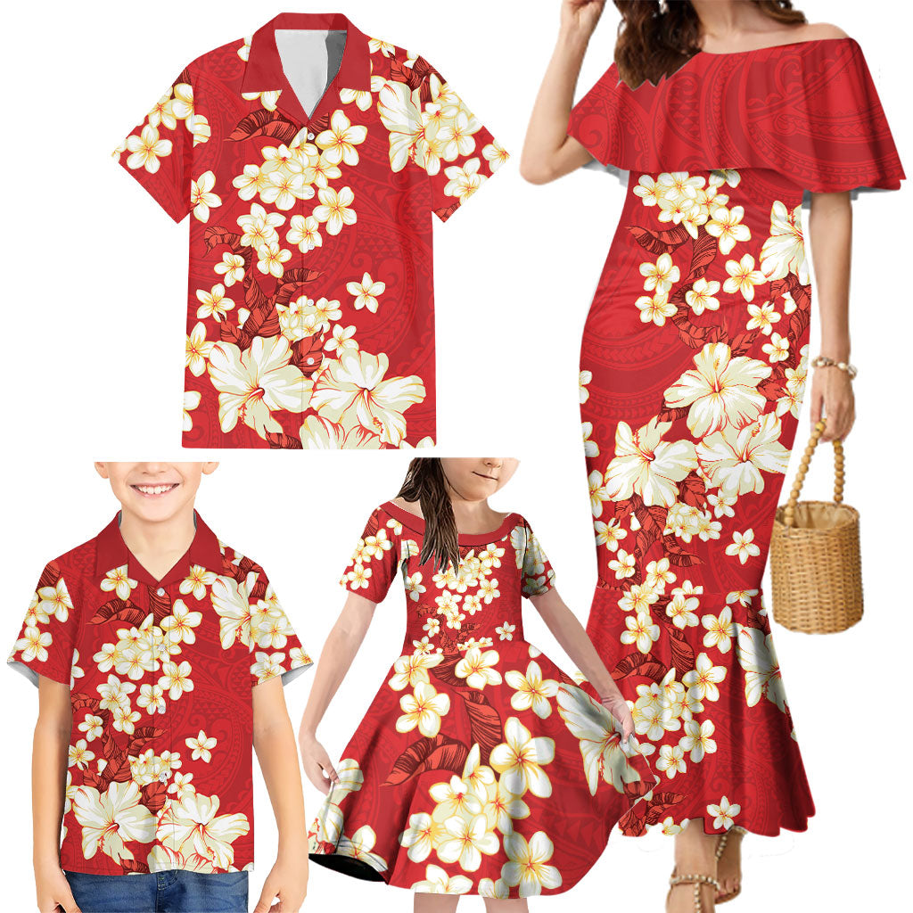 Hawaii Hibiscus Plumeria Red Family Matching Mermaid Dress and Hawaiian Shirt Polynesian Pattern