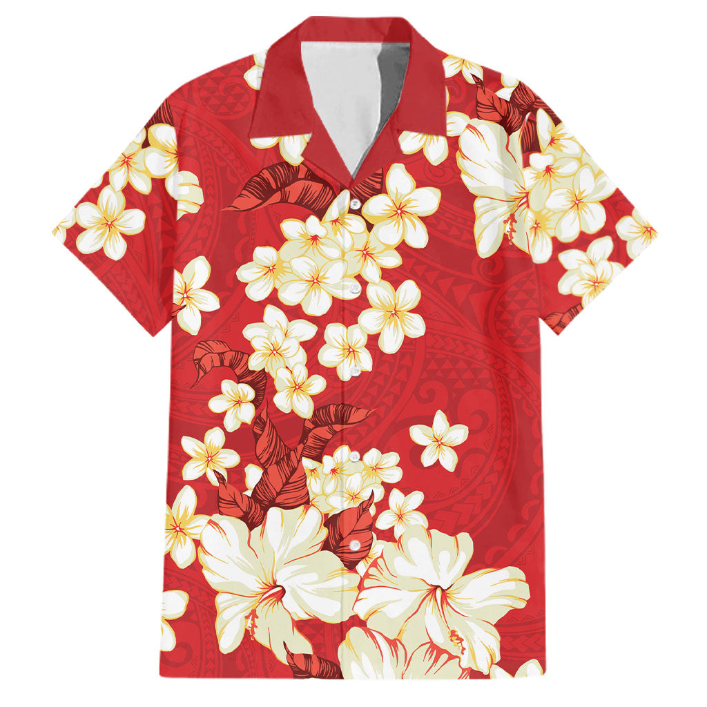 Hawaii Hibiscus Plumeria Red Family Matching Off The Shoulder Long Sleeve Dress and Hawaiian Shirt Polynesian Pattern