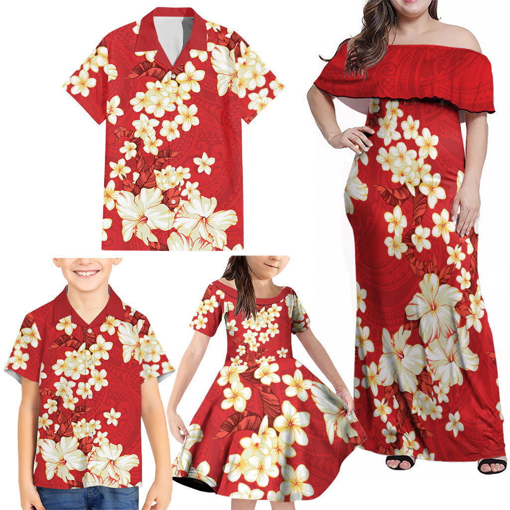 Hawaii Hibiscus Plumeria Red Family Matching Off Shoulder Maxi Dress and Hawaiian Shirt Polynesian Pattern