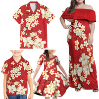 Hawaii Hibiscus Plumeria Red Family Matching Off Shoulder Maxi Dress and Hawaiian Shirt Polynesian Pattern
