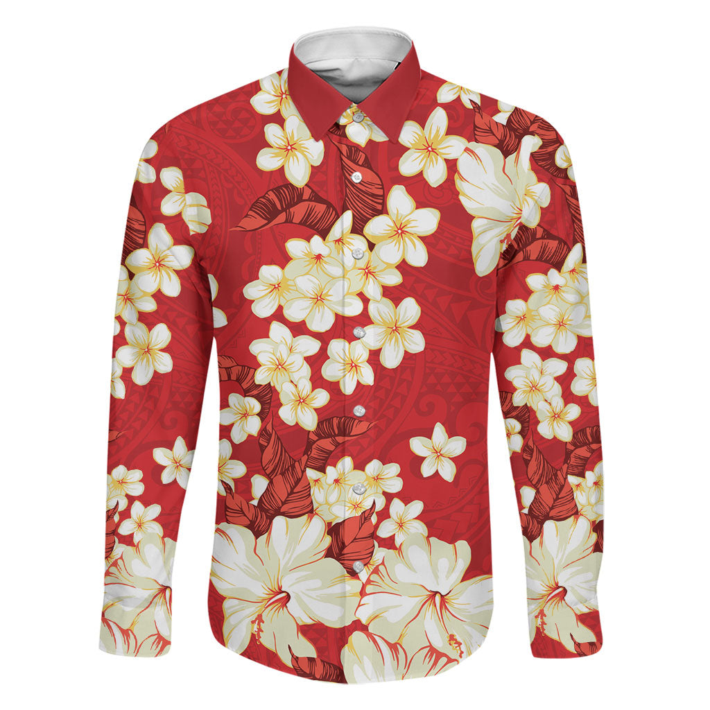 Hawaii Hibiscus Plumeria Red Family Matching Off Shoulder Maxi Dress and Hawaiian Shirt Polynesian Pattern