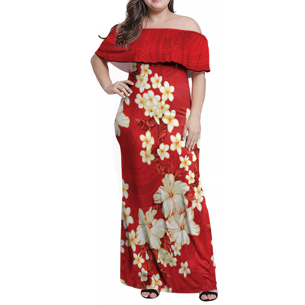Hawaii Hibiscus Plumeria Red Family Matching Off Shoulder Maxi Dress and Hawaiian Shirt Polynesian Pattern