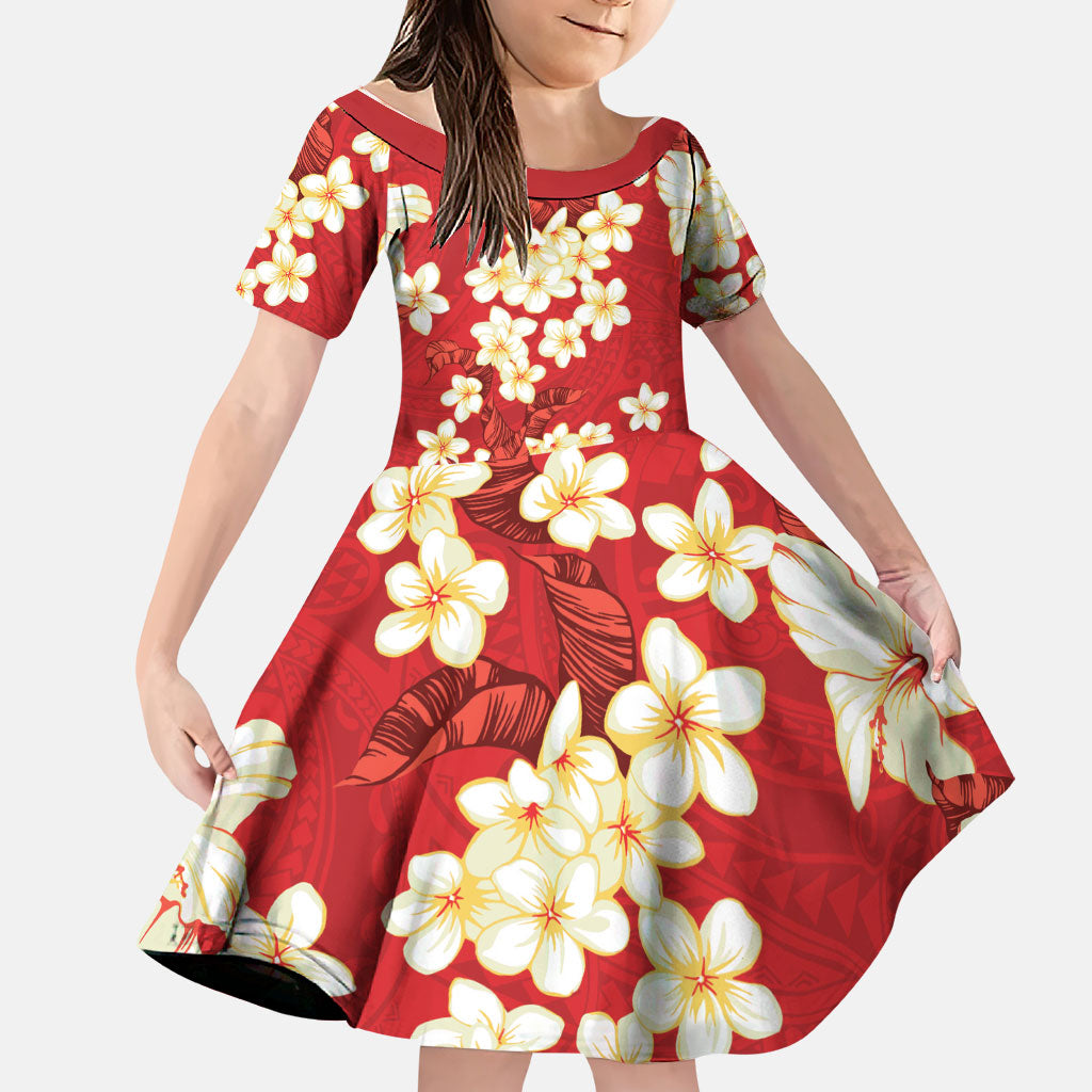 Hawaii Hibiscus Plumeria Red Family Matching Off Shoulder Short Dress and Hawaiian Shirt Polynesian Pattern