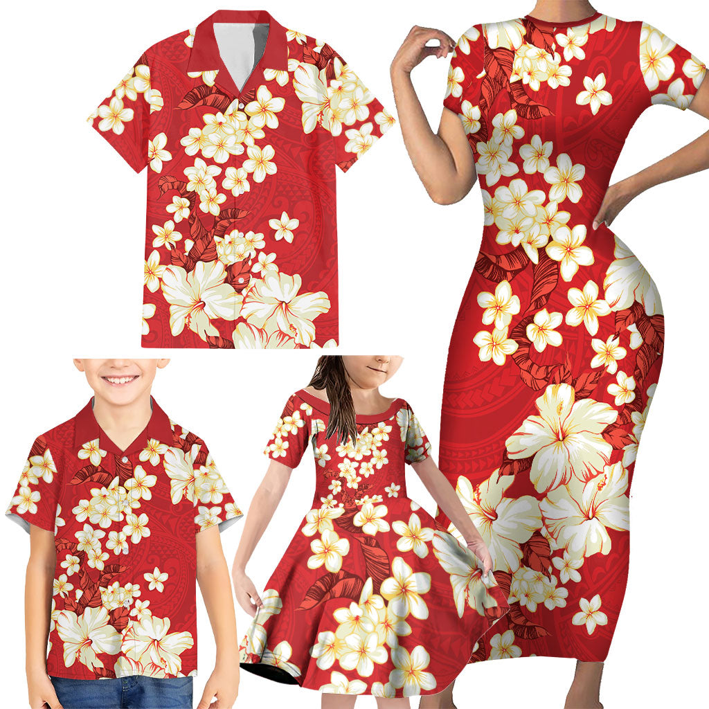 Hawaii Hibiscus Plumeria Red Family Matching Short Sleeve Bodycon Dress and Hawaiian Shirt Polynesian Pattern