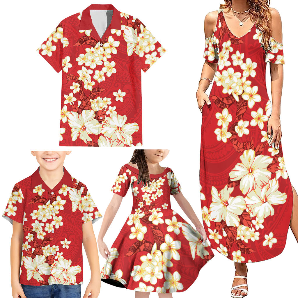 Hawaii Hibiscus Plumeria Red Family Matching Summer Maxi Dress and Hawaiian Shirt Polynesian Pattern