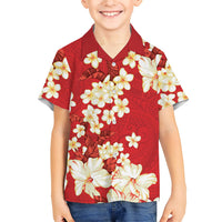 Hawaii Hibiscus Plumeria Red Family Matching Summer Maxi Dress and Hawaiian Shirt Polynesian Pattern