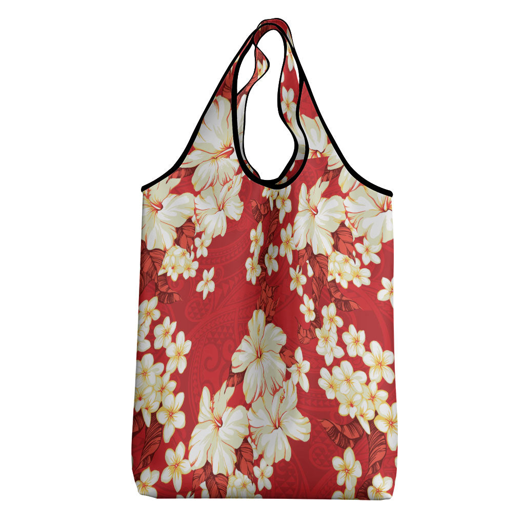 Hawaii Hibiscus Plumeria Red Grocery Bag Polynesian Pattern