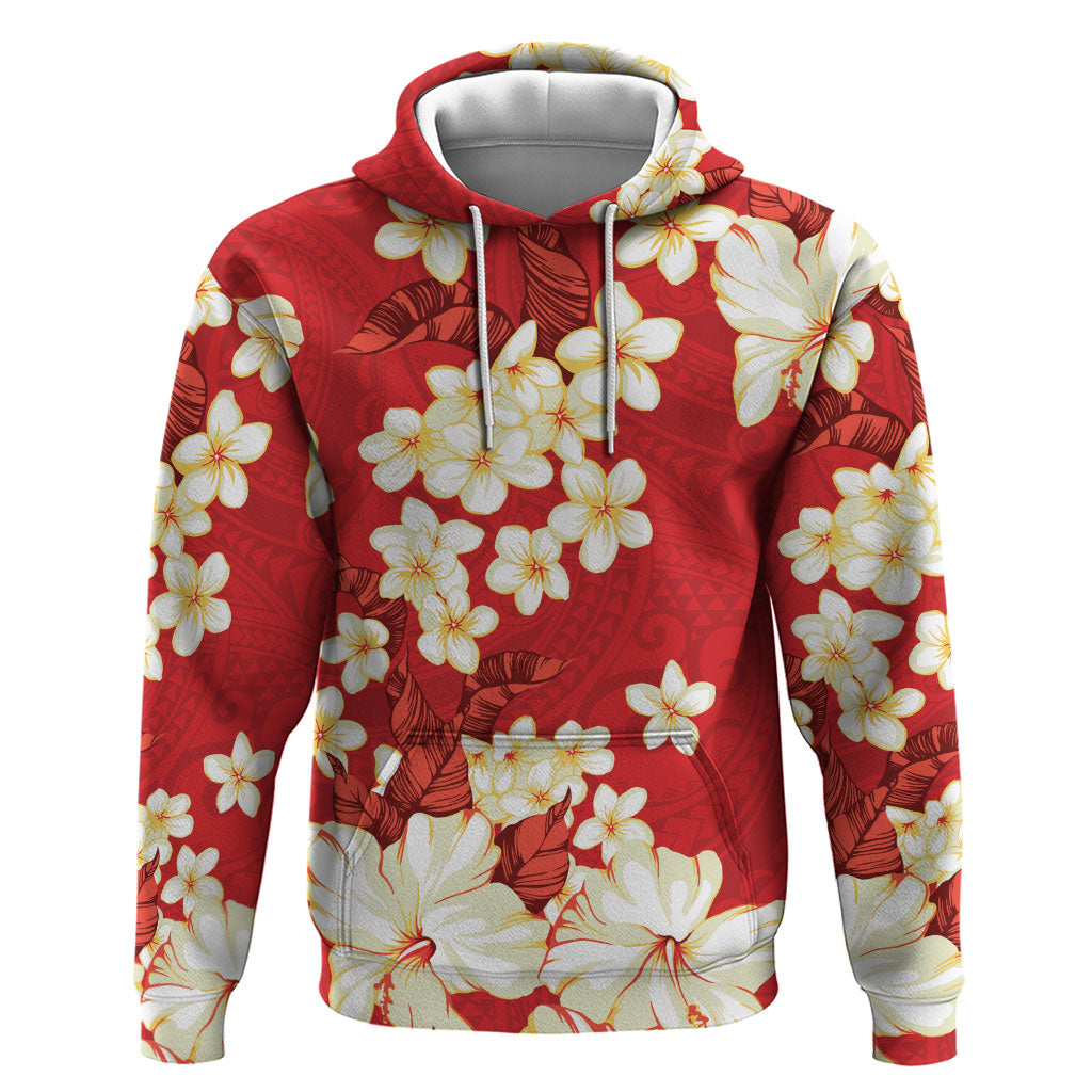 Hawaii Hibiscus Plumeria Red Hoodie Polynesian Pattern