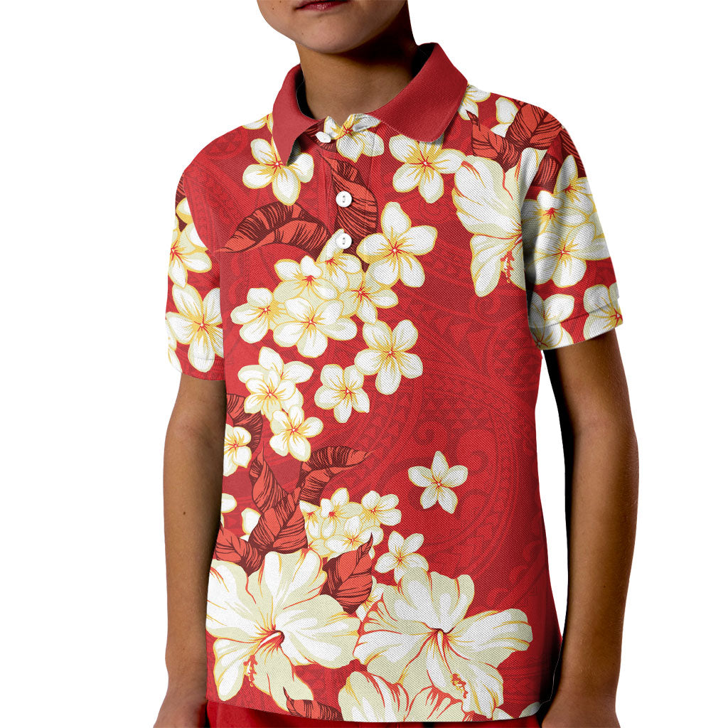 Hawaii Hibiscus Plumeria Red Kid Polo Shirt Polynesian Pattern