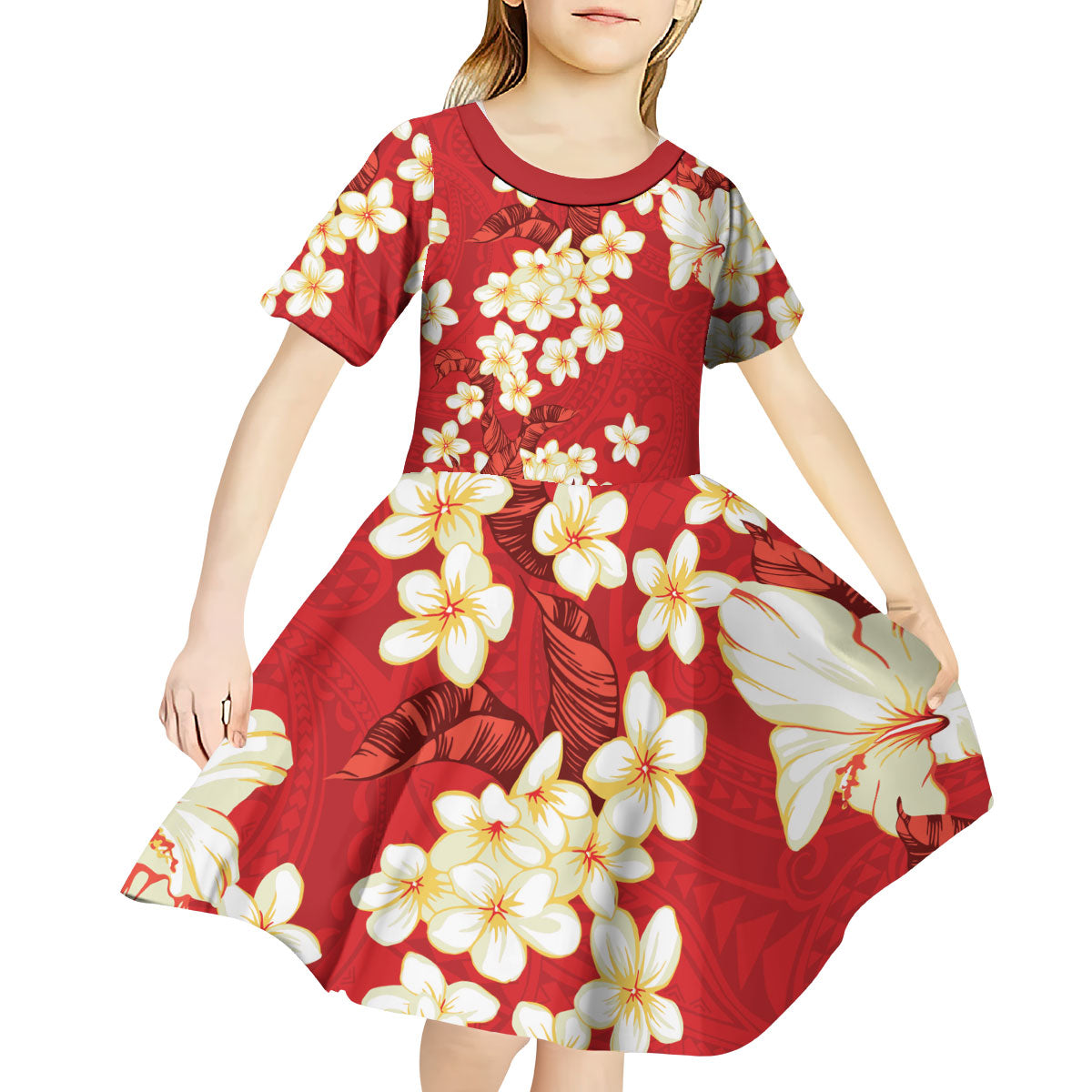 Hawaii Hibiscus Plumeria Red Kid Short Sleeve Dress Polynesian Pattern
